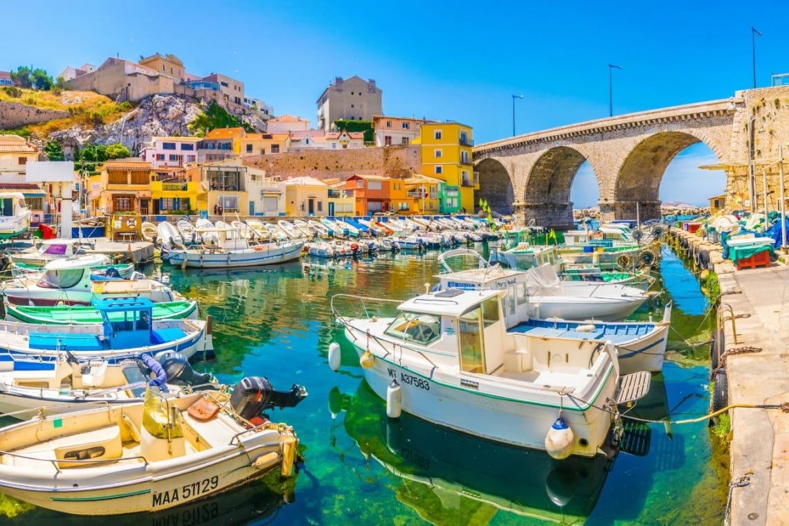 Boats docked at a canal in France