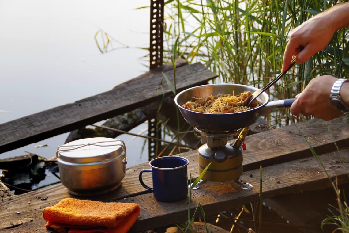 Easy camping meal: cooking noodles on a portable stove