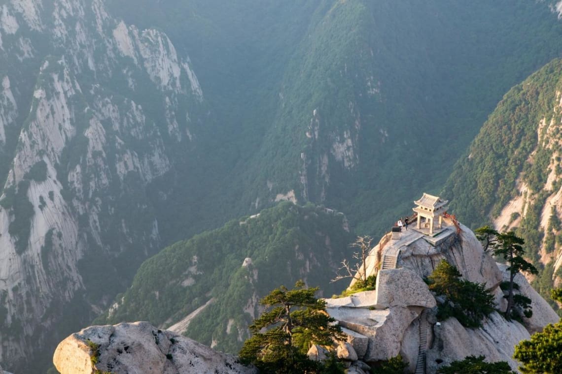 View of a taoist sanctuary in a cliff of Mount Huashan