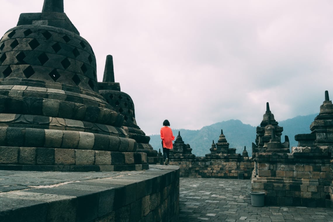 Indonesia trips: girl walking around Borobudur complex