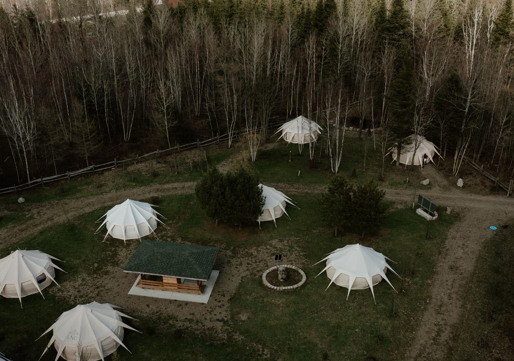 Aerial view of tents in the woods of Canada