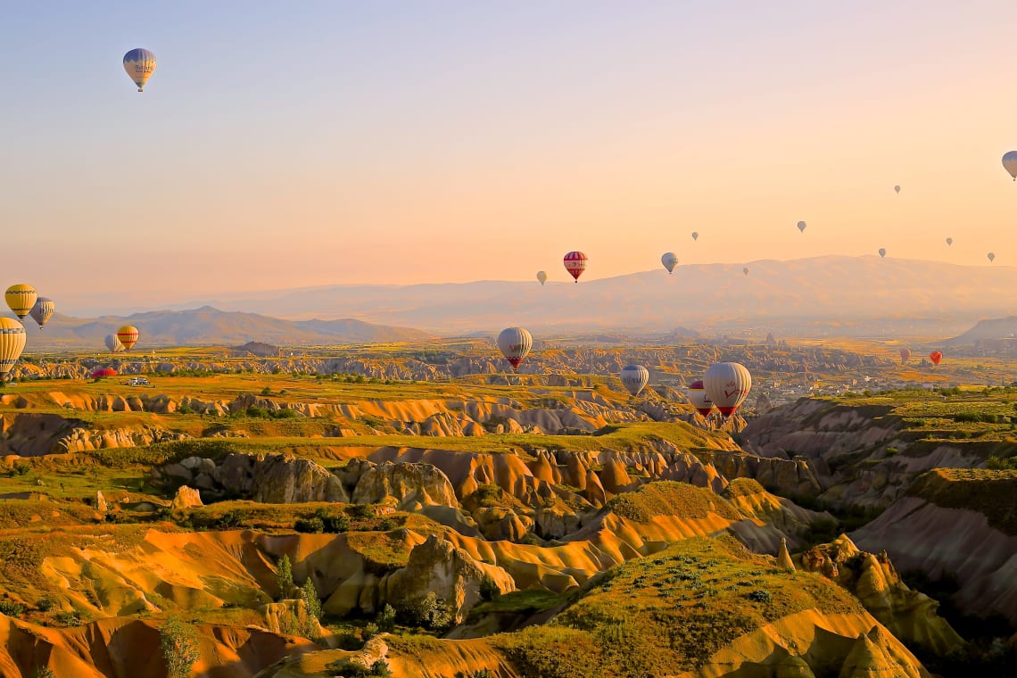 Hot air balloons flying over Cappadocia, Turkey