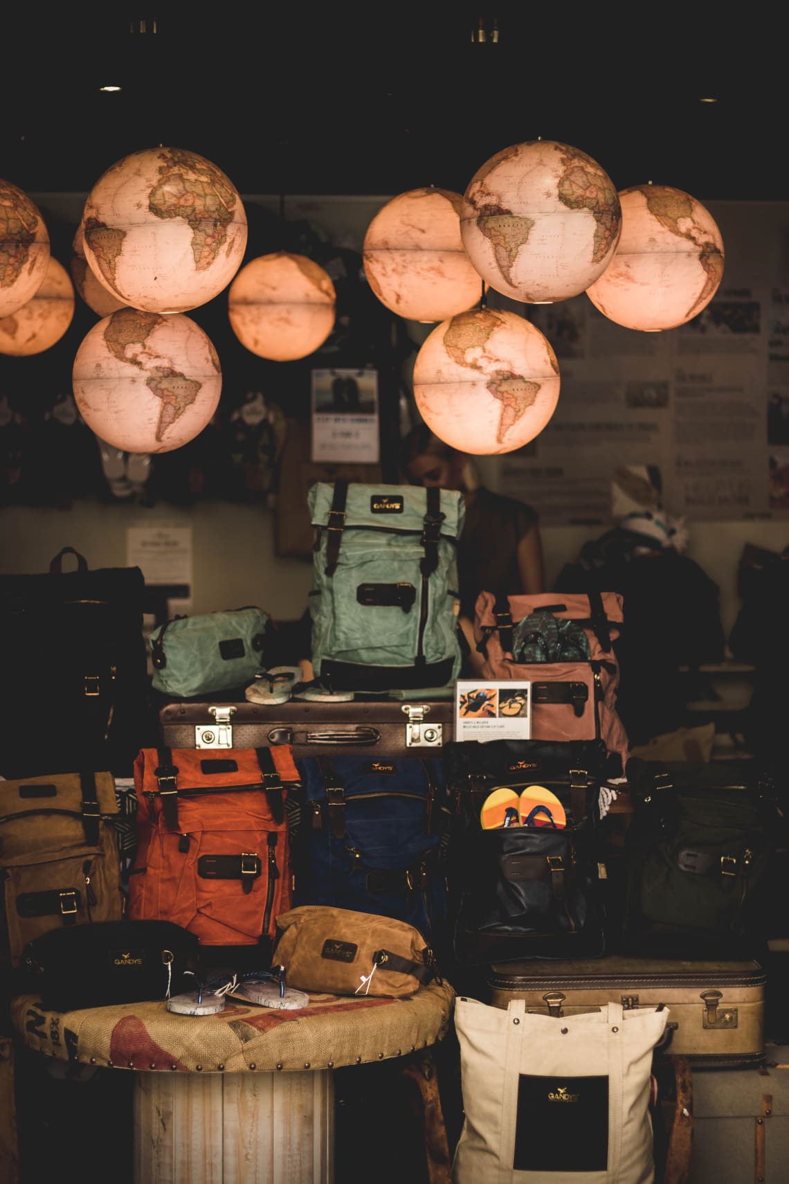 backpacks in a hostel dorm