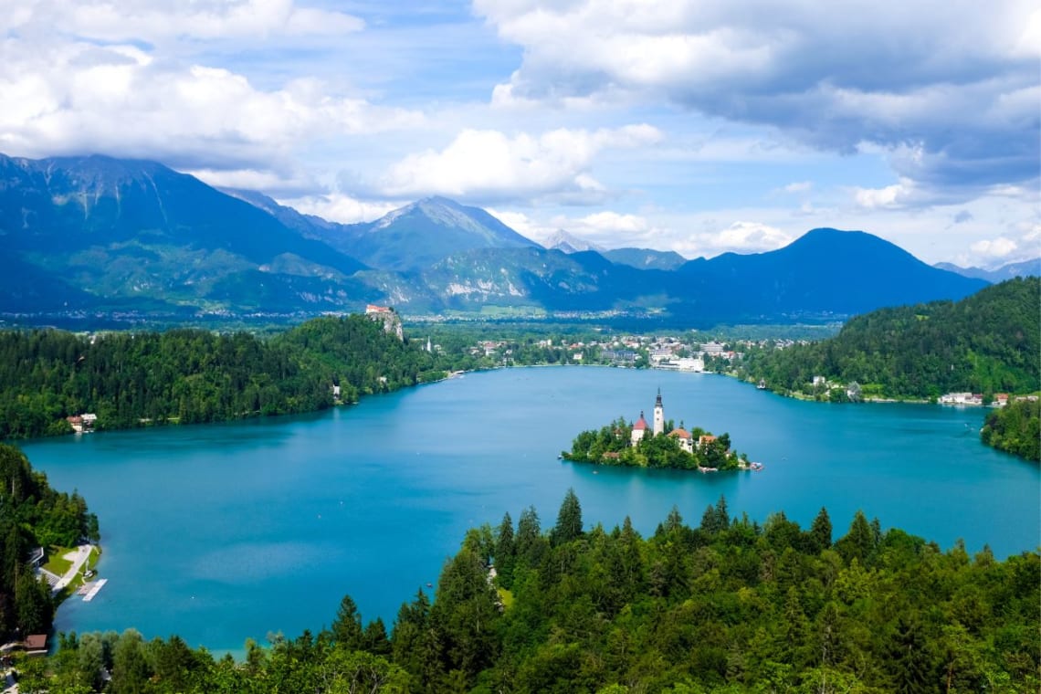 Best places to visit in June: Lake Bled seen from a viewpoint 