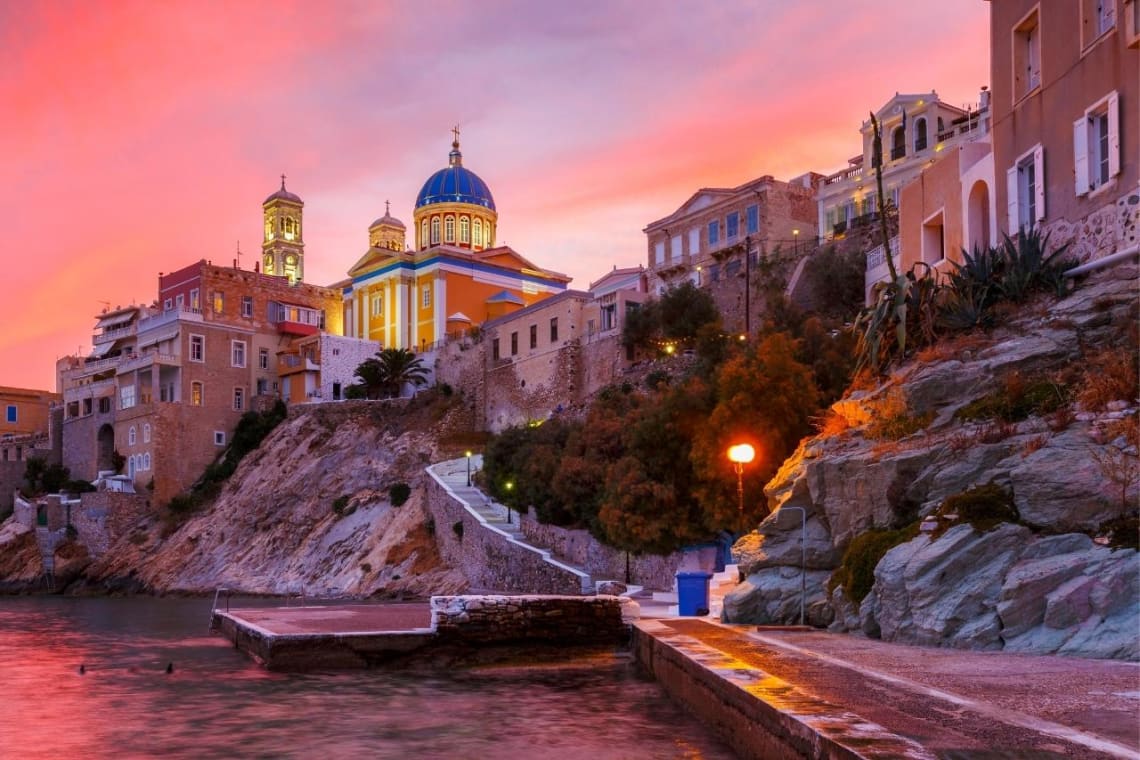 Red hued sunset at Syros island, Greece