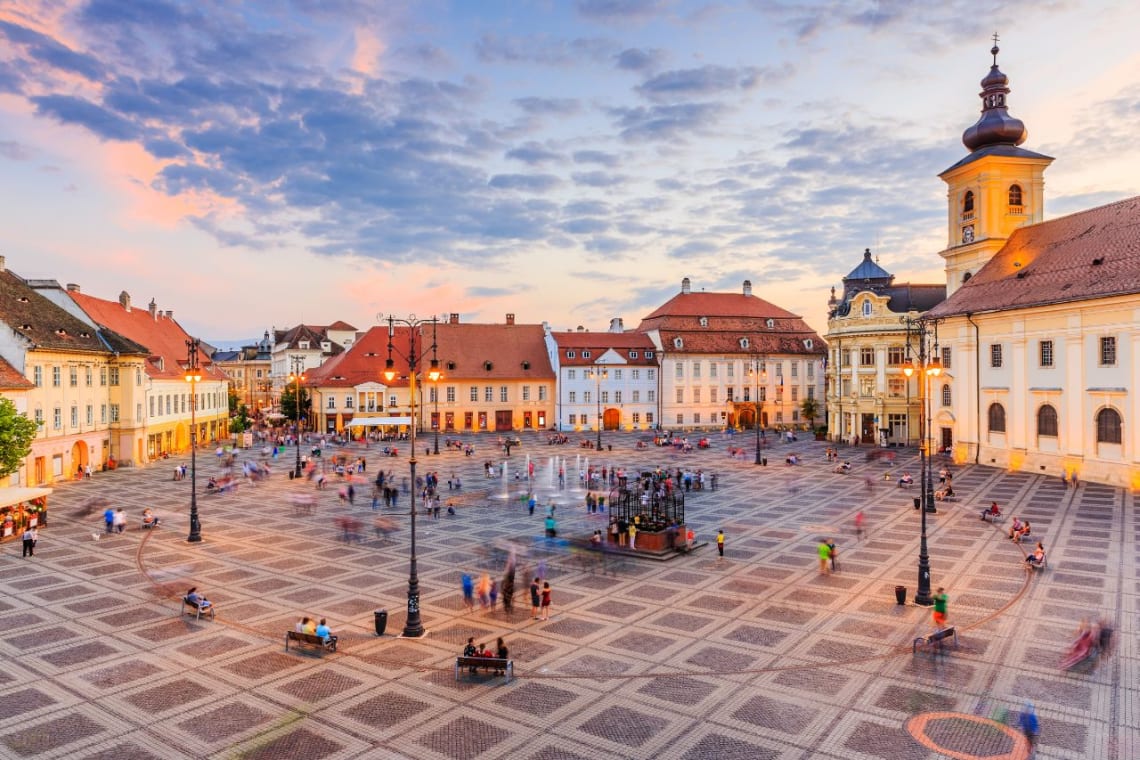 Spacious city square in Sibiu, one of the Best places to travel in August