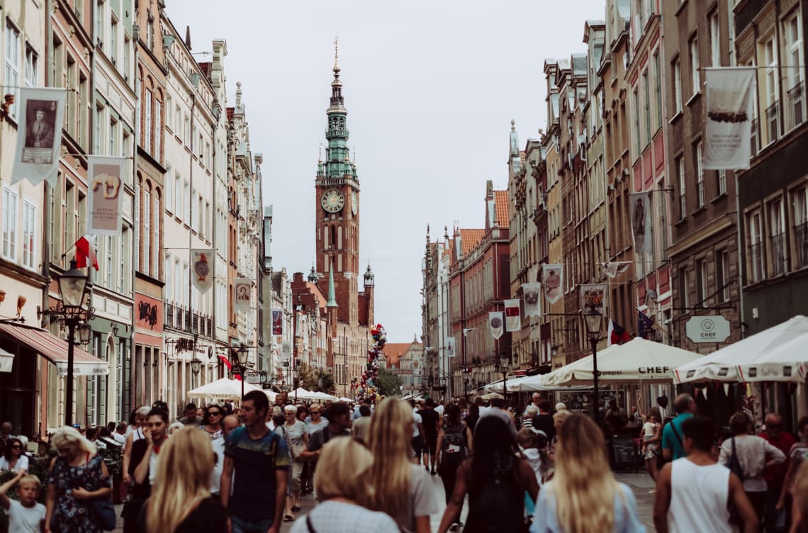 Busy street with view to a clock tower