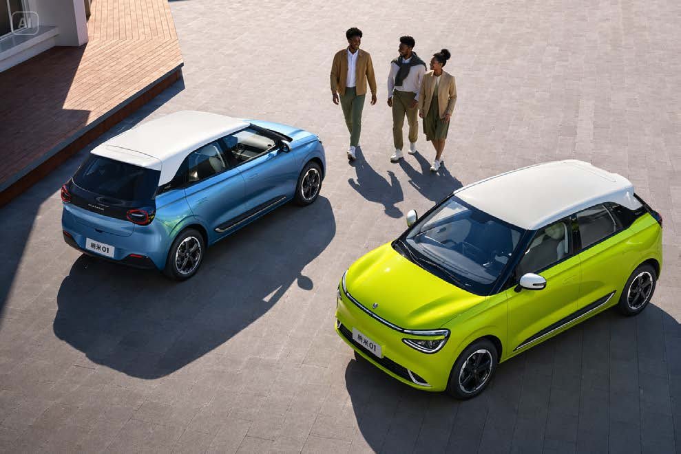 Deux Nammi 01 Box, l’une bleue l’autre jaune, garées sur une esplanade pavée où marchent trois passants