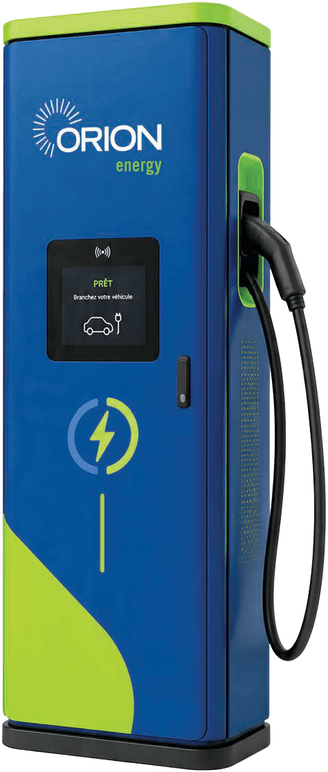 Borne de recharge rapide Orion Energy, bleue et verte, câble de charge enroulé sur le flanc