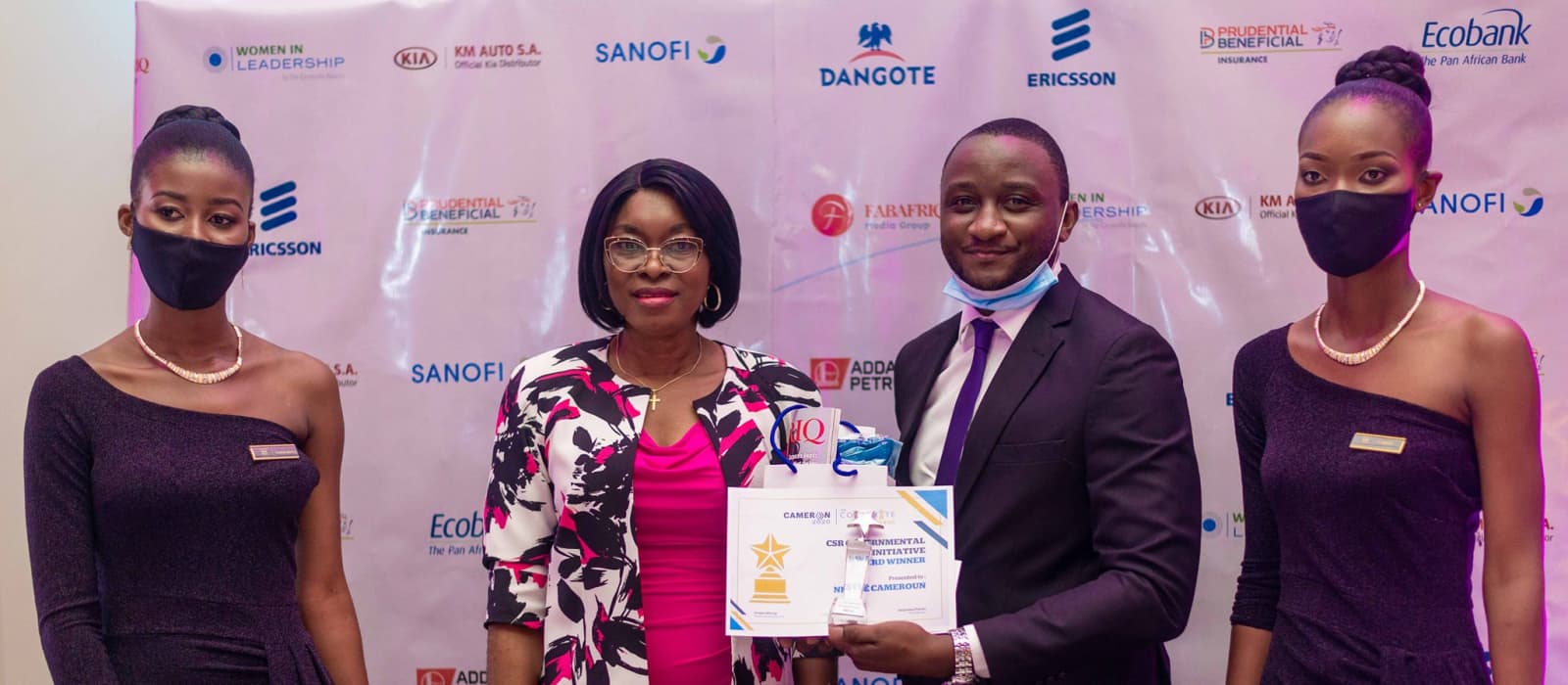Winners before the sponsor backdrop at The Corporate Awards Cameroon 2020