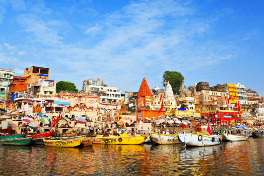 Boats moored below the ghats of Varanasi