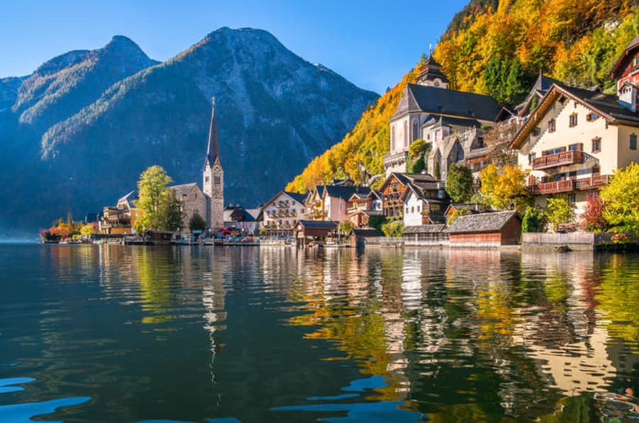 A lakeside Alpine village in autumn