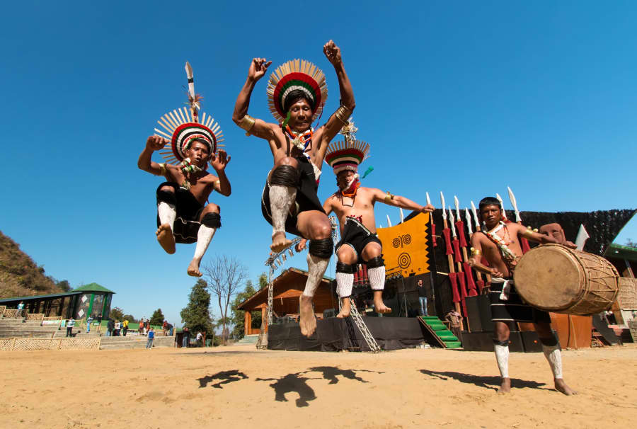 Naga dancers in traditional dress at the Hornbill Festival