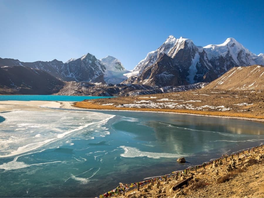 A mountain lake below snow peaks in Sikkim