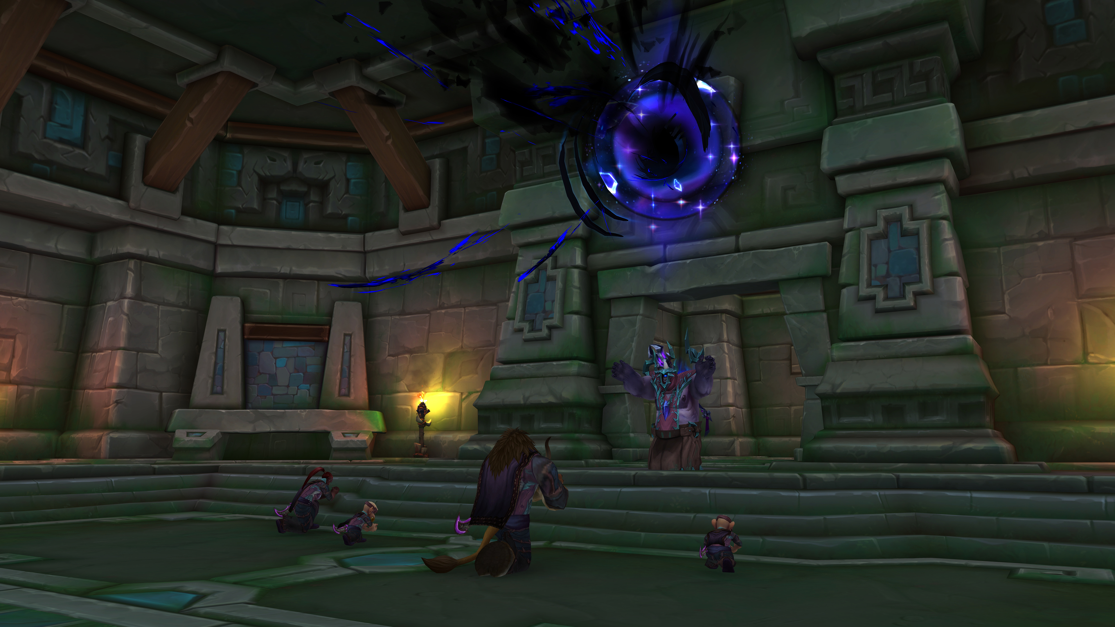 A five-player group confronting a glowing void threat inside Maisara Caverns