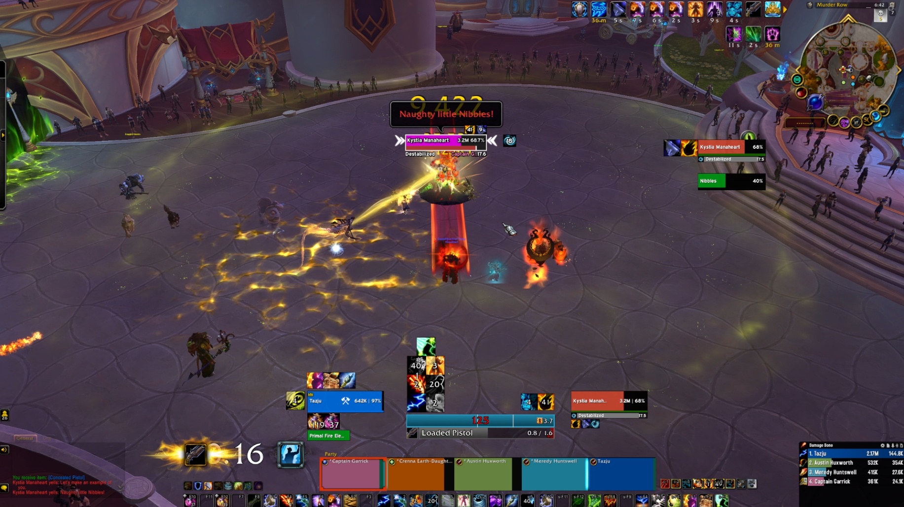 A Mythic+ group fires the Concealed Pistol at Kystia Manaheart during Destabilized in Murder Row.