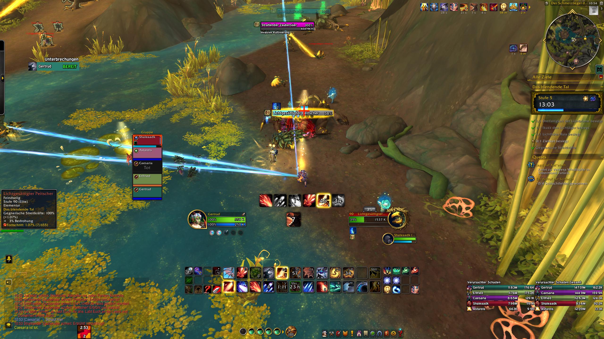 Several blue Disintegrate beams remain attached across a dungeon fight in a player screenshot of the Evoker visual bug.