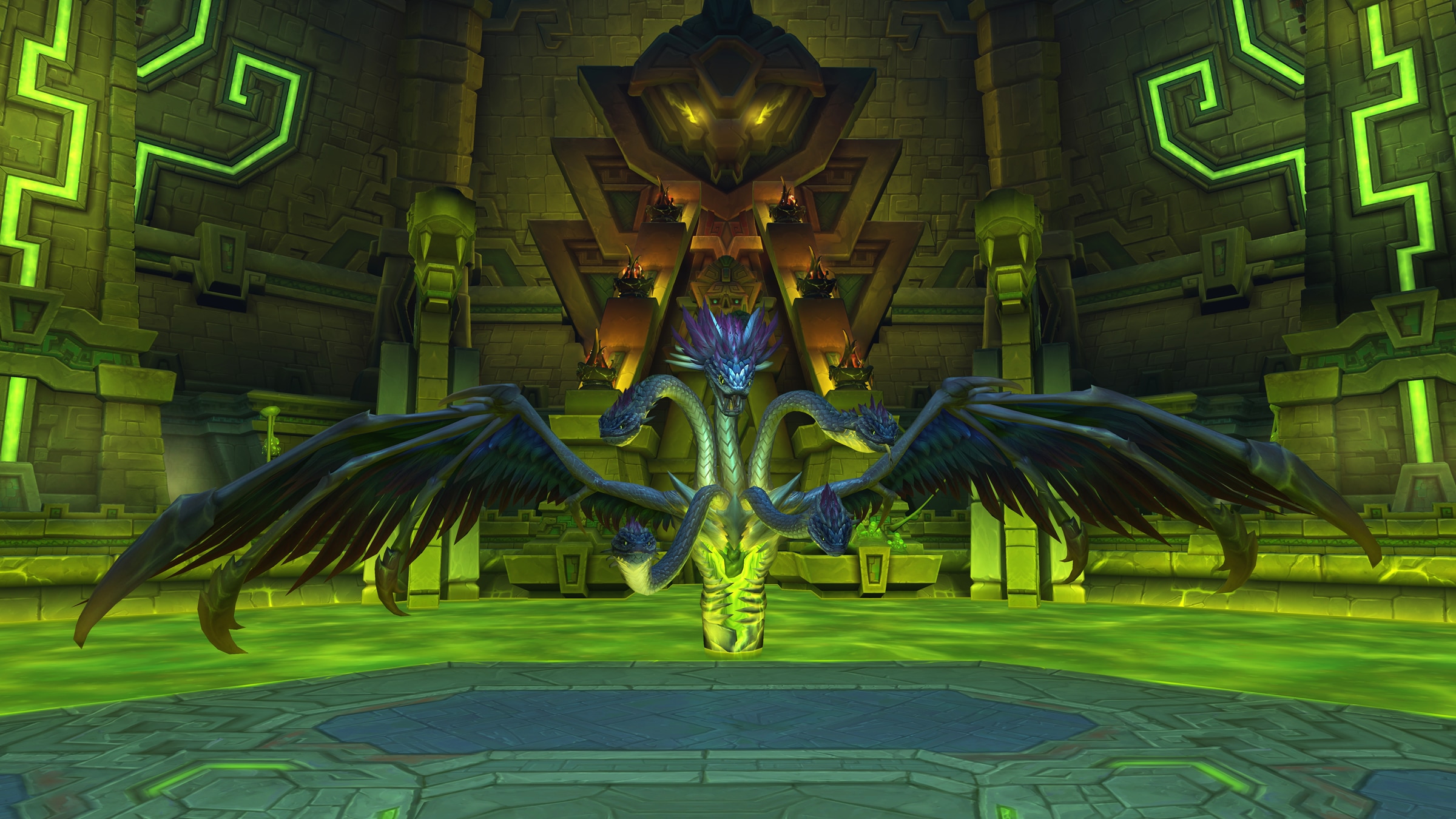 The multi-headed winged serpent Ula'tek hovers over a green-lit arena in the Venomous Abyss.