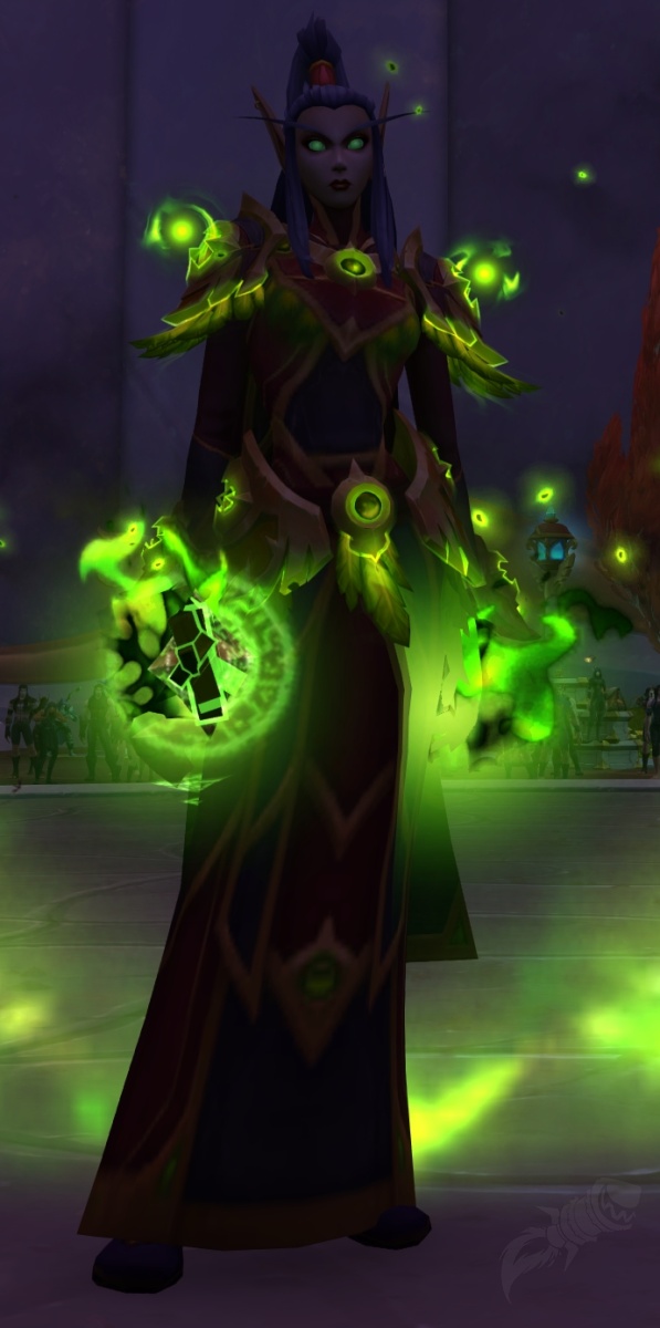Kystia Manaheart stands surrounded by bright green fel magic inside Murder Row.