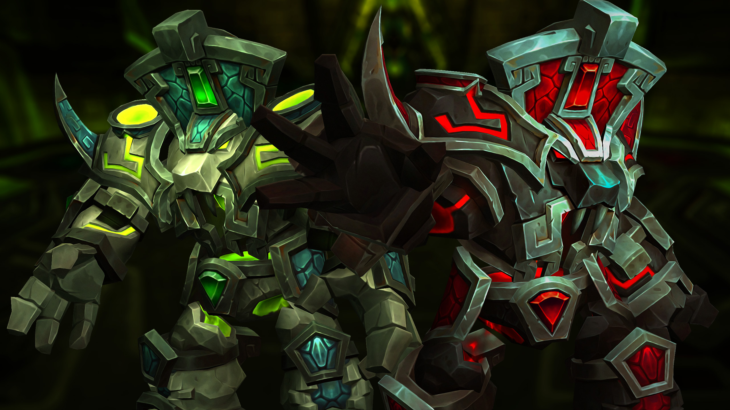The green Breath of Ula'tek and red Blood of Ula'tek golems from the Entombed Sentinels raid encounter.