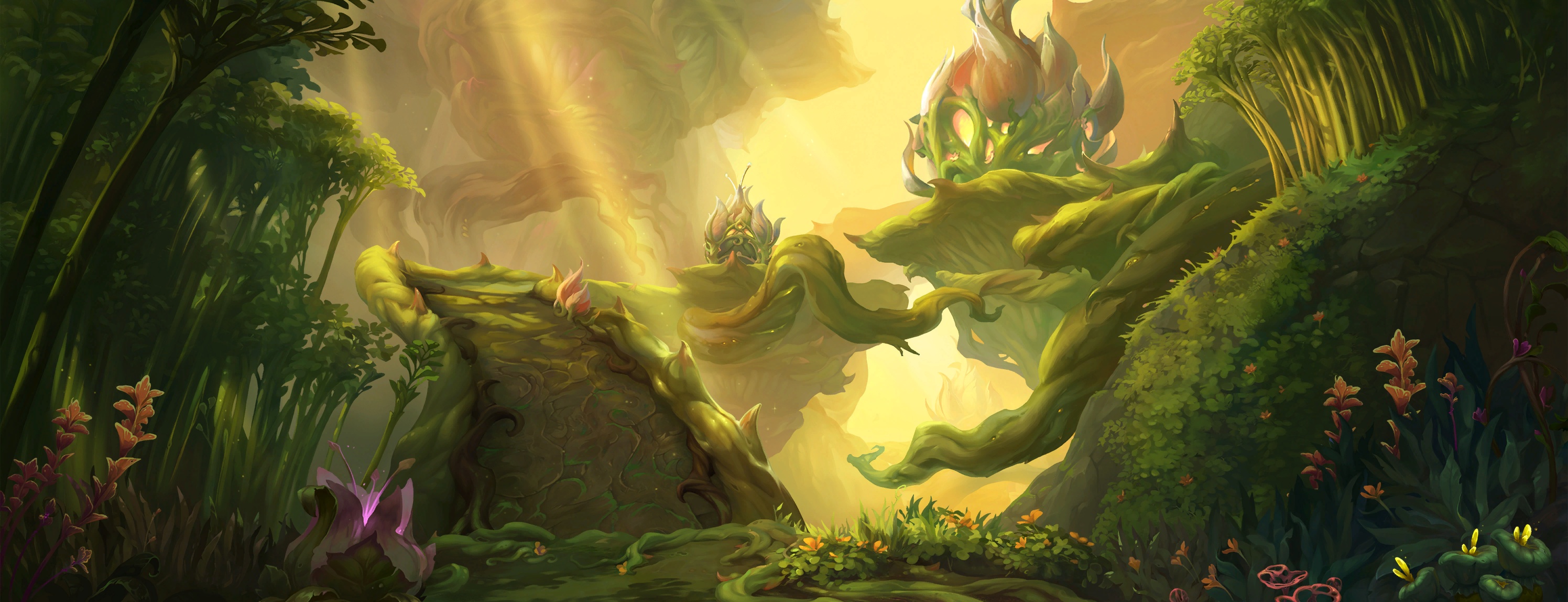 A huge plant creature reaches across the luminous forest of Harandar in Blinding Vale artwork.