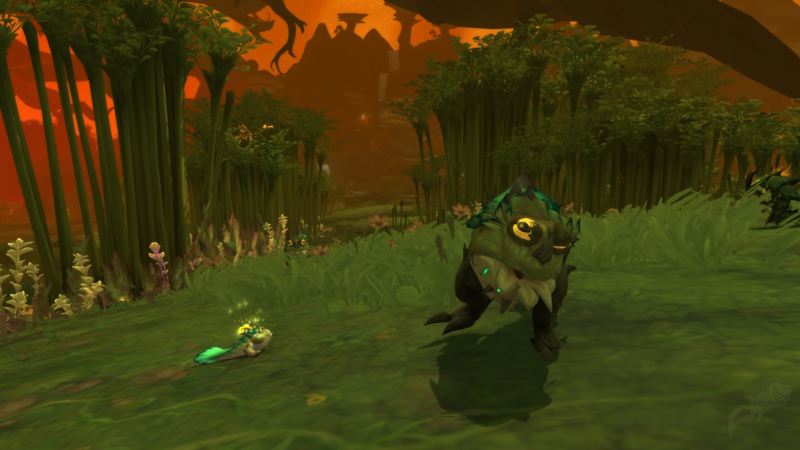 A large infected Potatoad and a smaller companion stand in the orange-lit Harandar forest.
