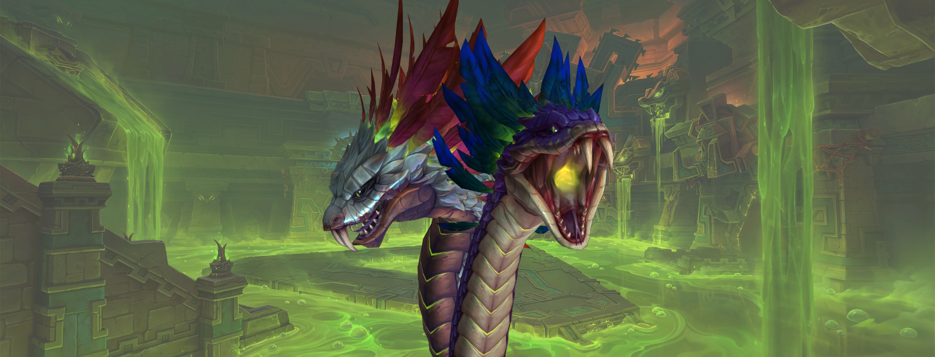 The Twin Fangs rise above a flooded venom chamber with both heads poised to strike.