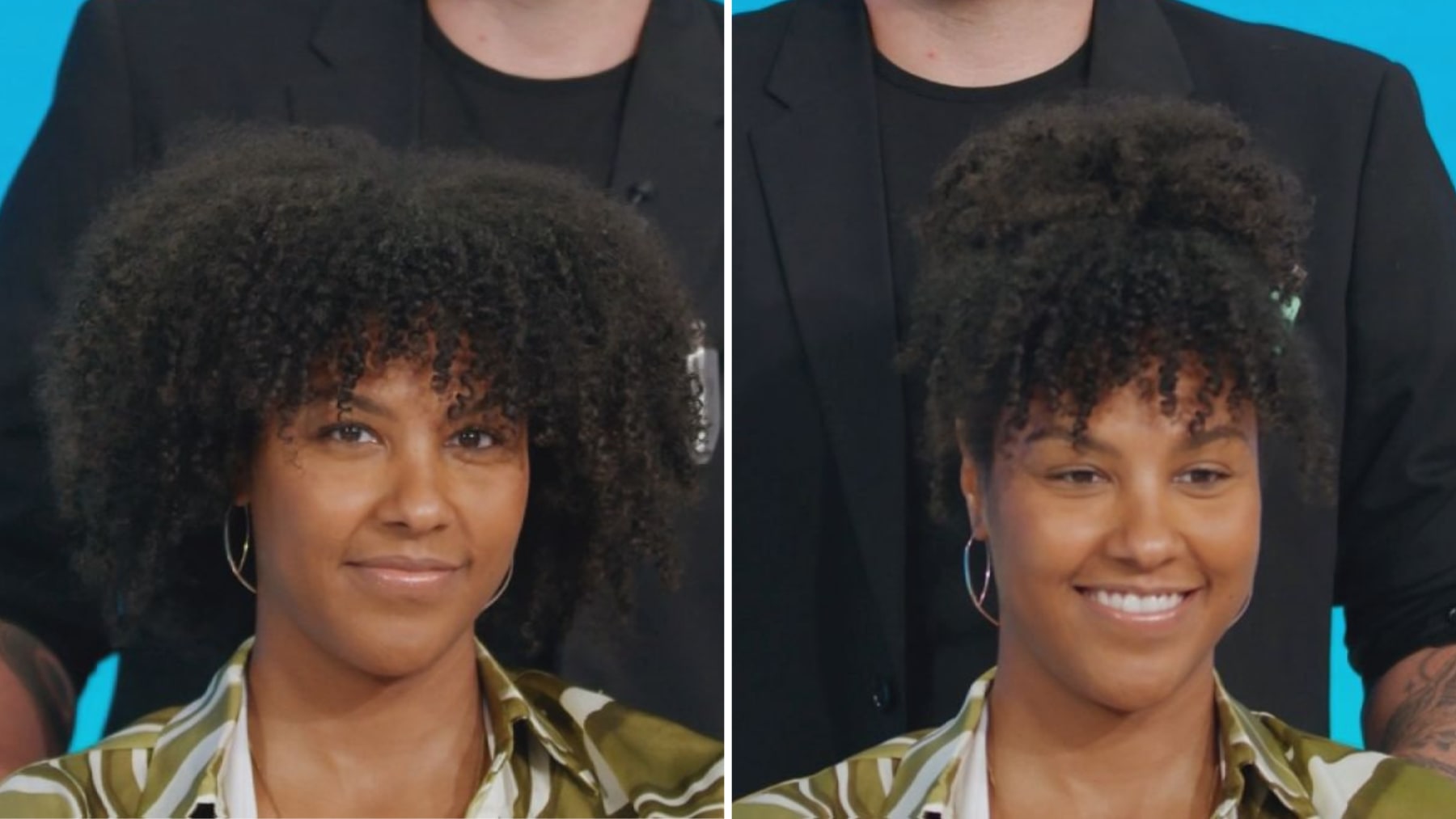 Before and after pictures of an updo for curly hair.