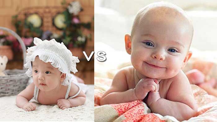 Side by side a professional baby photo vs a mom's photo for a baby contest.
