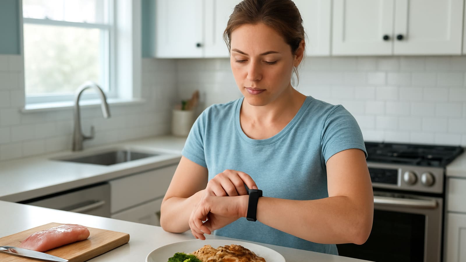 A person checking their fitness tracker in a bright home kitchen while tracking daily meals.