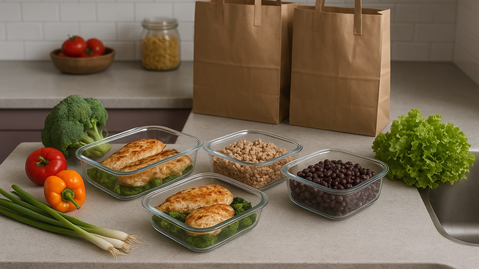 Glass containers filled with batch-cooked neutral proteins and fresh vegetables on a kitchen counter.