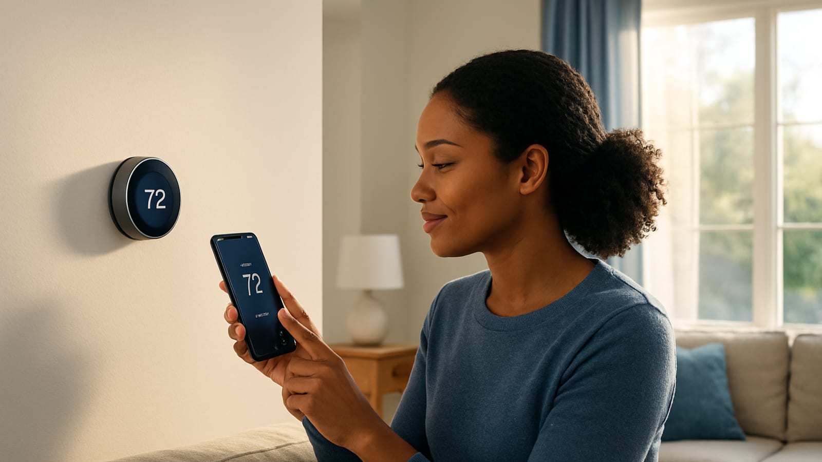 An adult adjusting a smart thermostat in a bright living room to manage energy use during peak pricing hours.