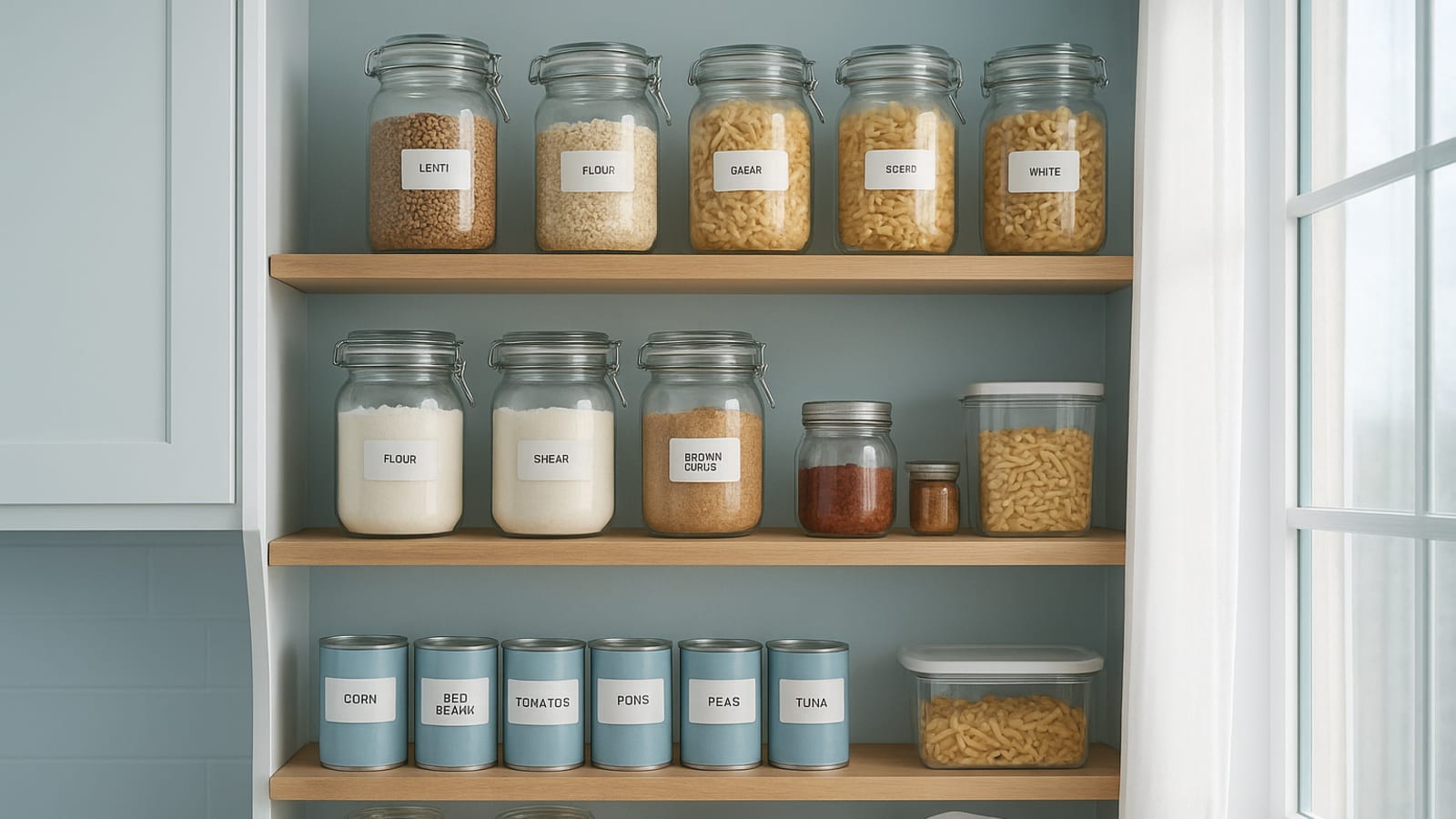 An organized pantry shelf showing canned goods and jars arranged by expiration date for easy home inventory rotation.