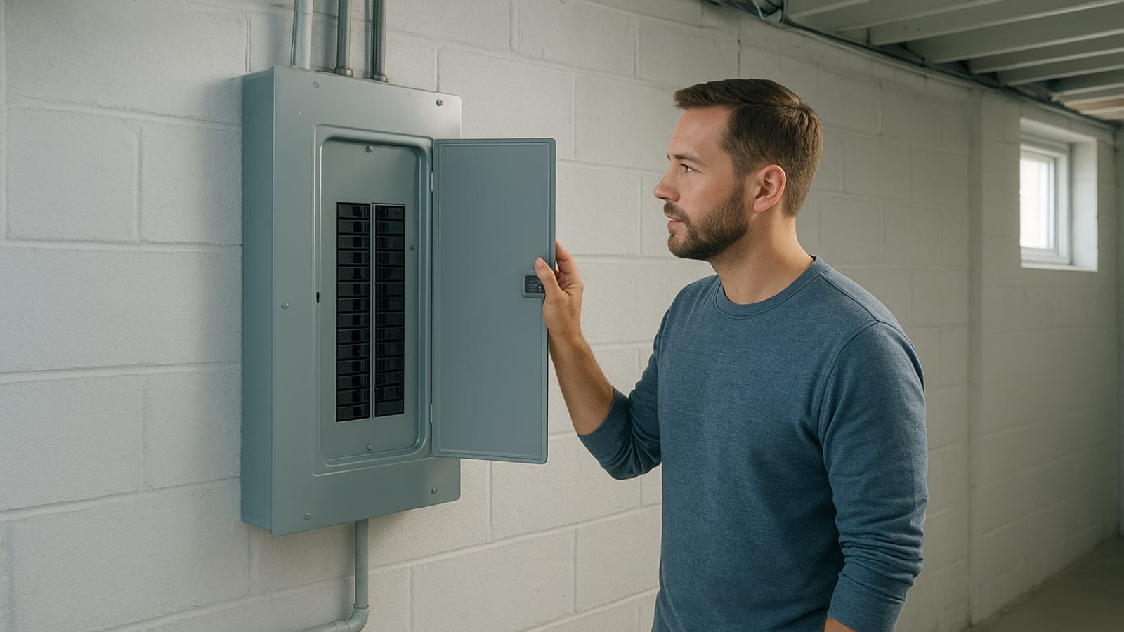 US homeowner performing routine home maintenance and seasonal checks