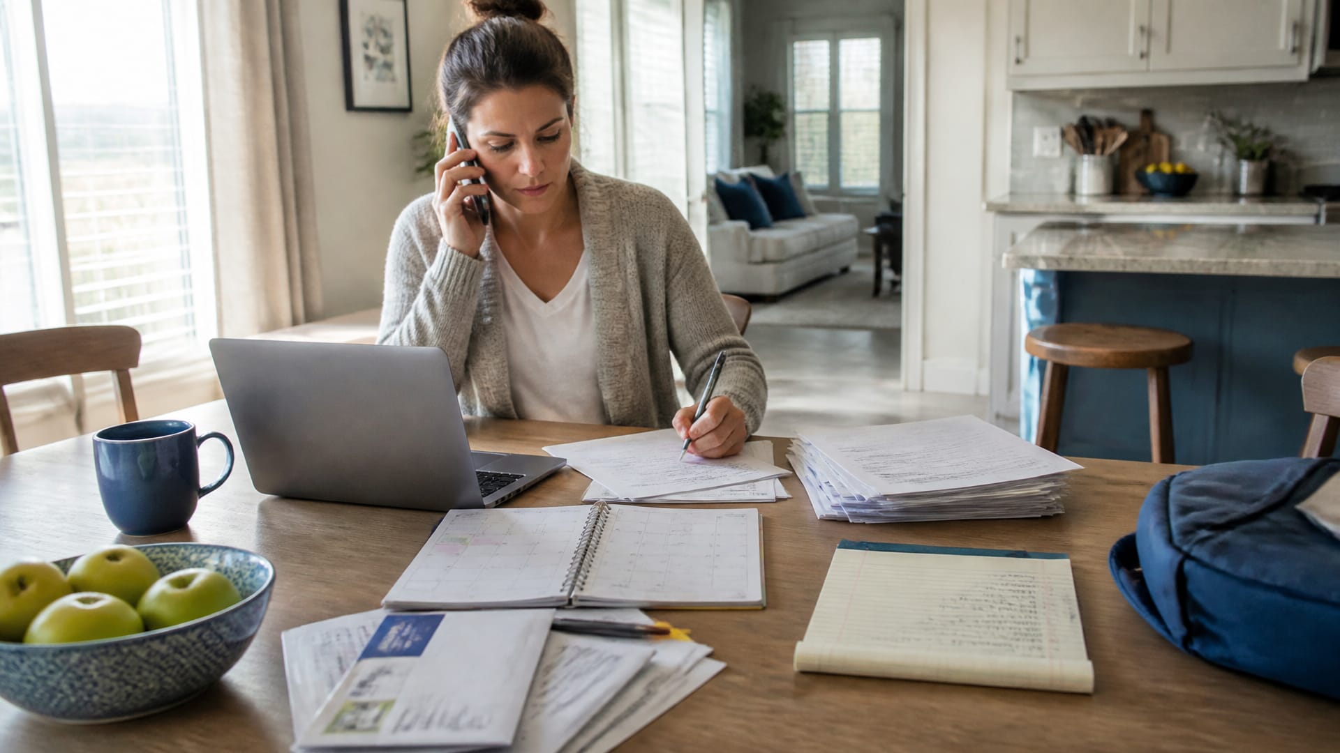 A parent at a kitchen table using a laptop and phone next to school forms, a calendar, and household papers.