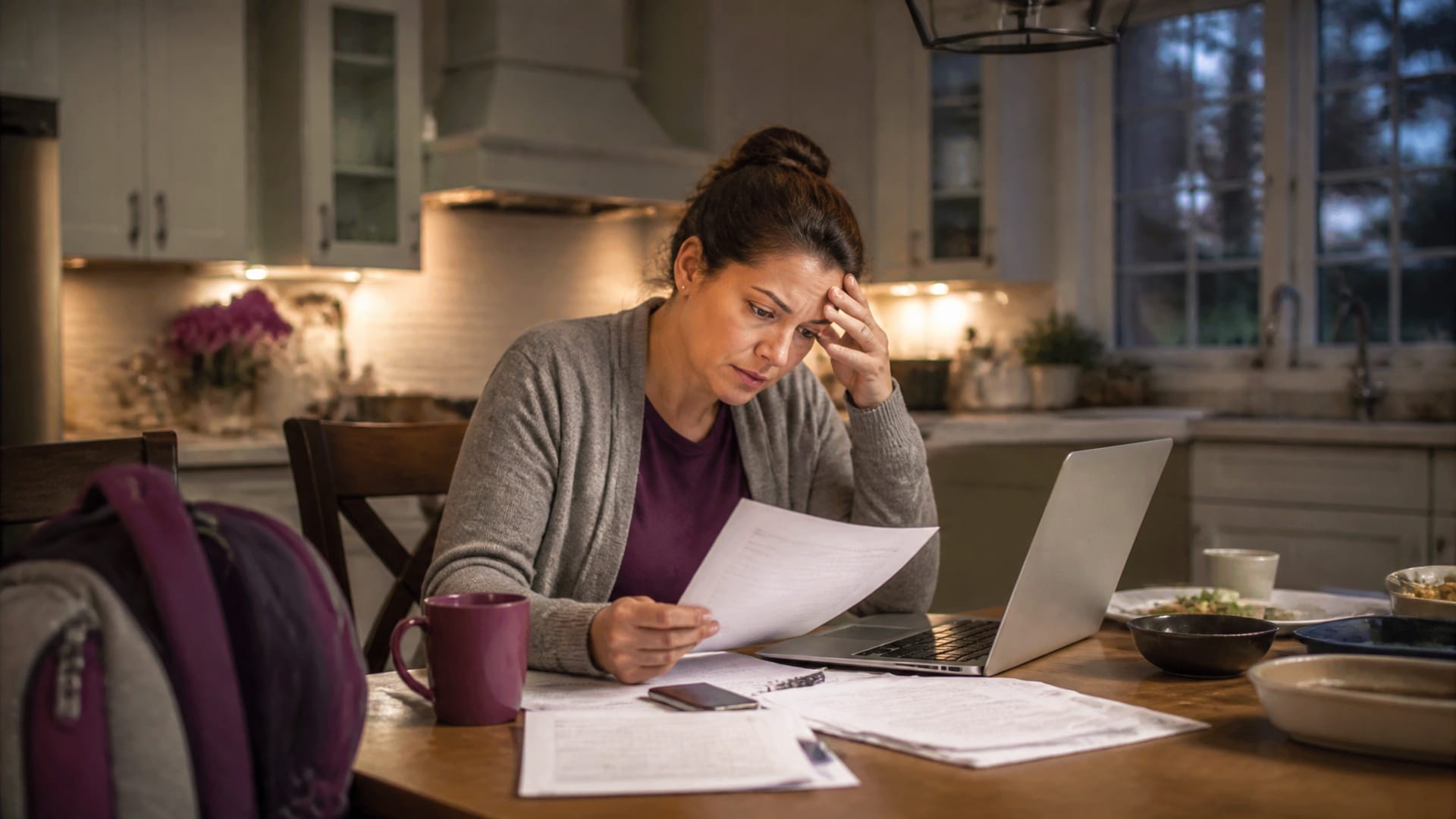 A parent at a kitchen table organizing credit reports, phone alerts, and paperwork after noticing possible identity theft.