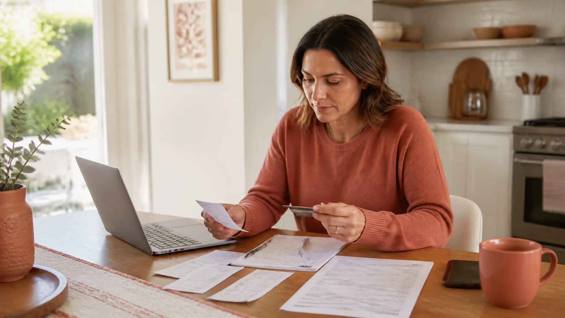 A person at a kitchen table organizes receipts and a credit card statement while reviewing a disputed purchase on a laptop.