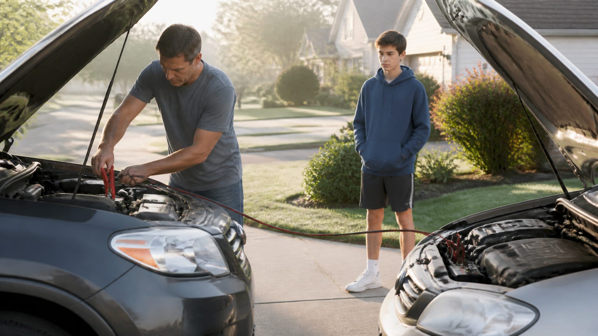 A person safely attaching jumper cables between two cars in a suburban driveway while another person watches nearby.