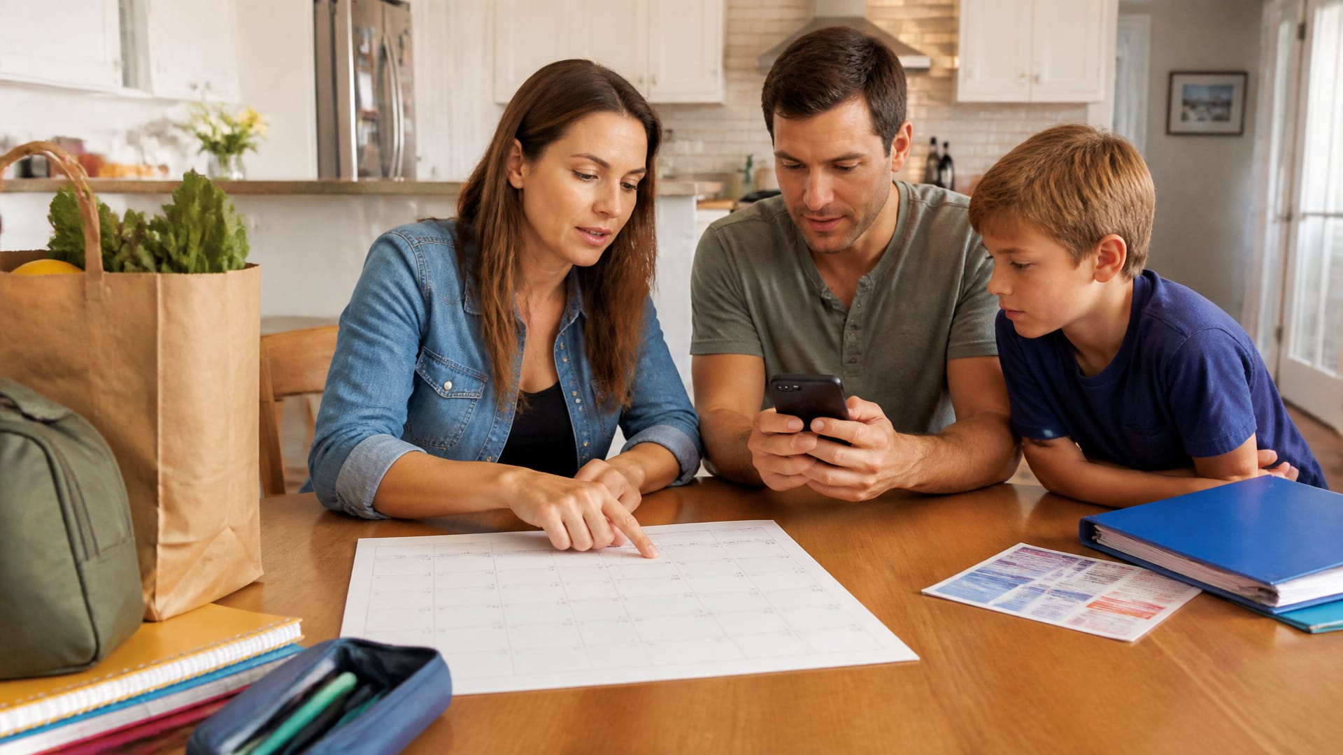 A parent at the kitchen table checking flu shot timing on a calendar while holding a phone, with school supplies and grocery bags nearby.