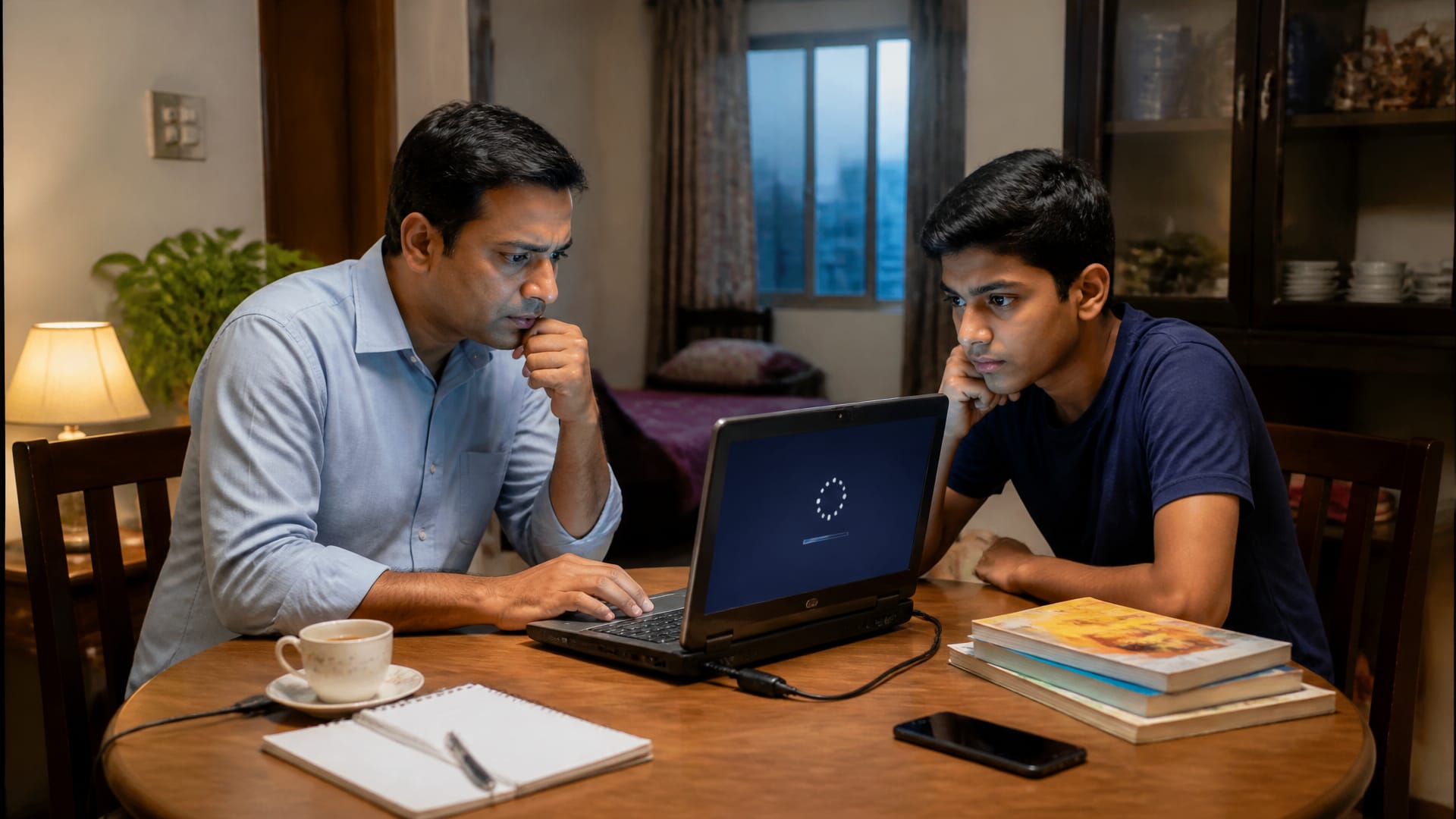 একটি সাধারণ বাংলাদেশি বাসায় পুরোনো Windows laptop ধীর হয়ে যাওয়ার বাস্তব দৃশ্য।