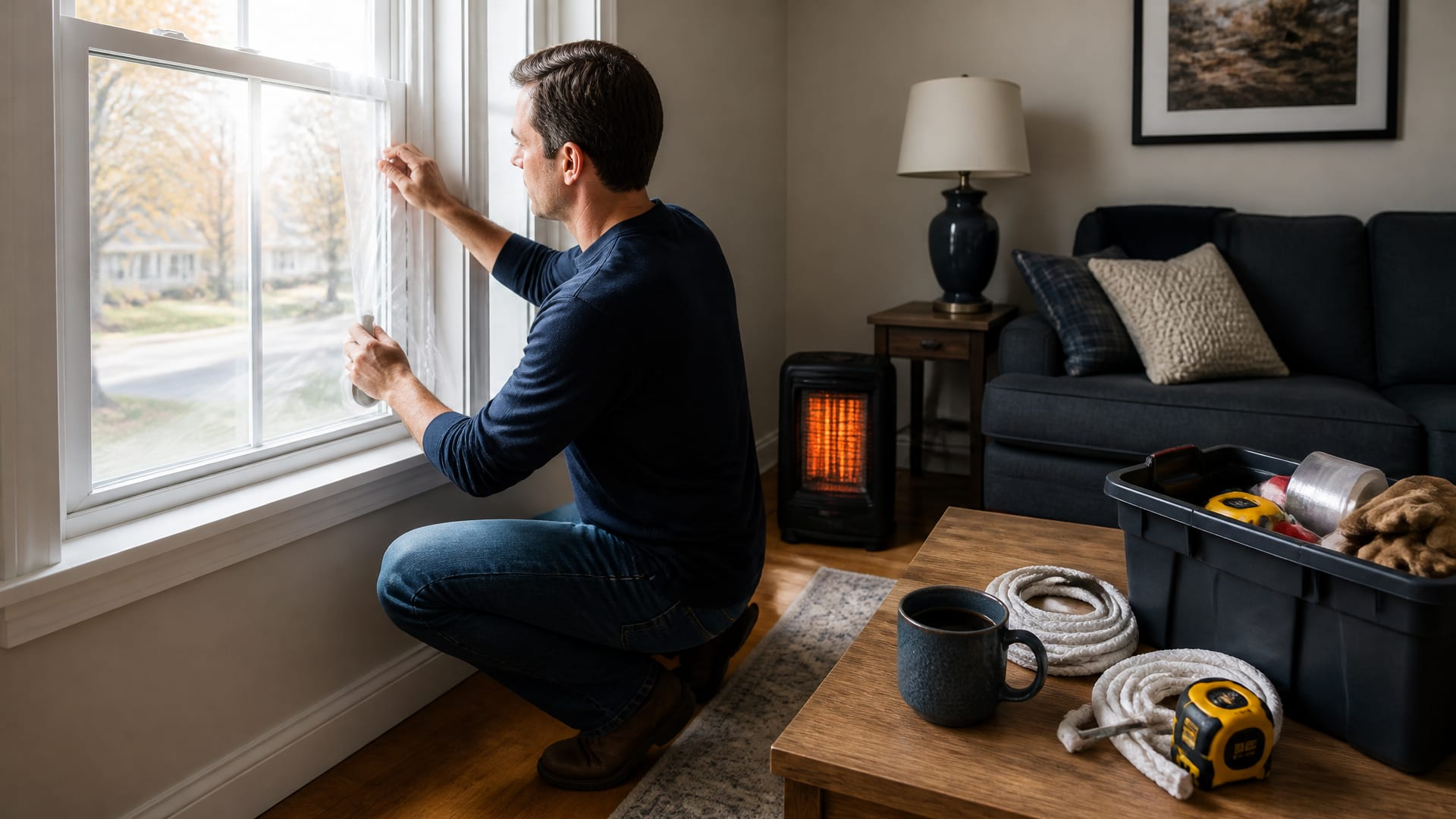A homeowner sealing a drafty living room window with weatherstripping and shrink film on a cool fall morning.