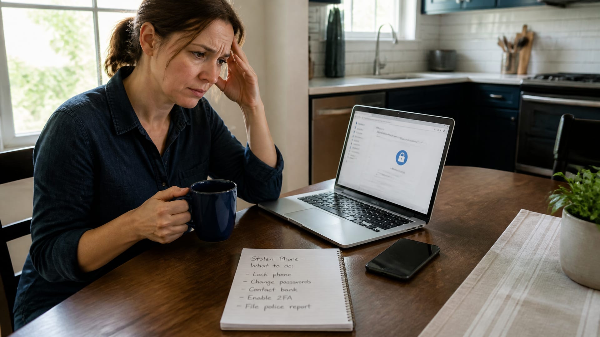 A person at a kitchen table making a stolen phone action plan with a laptop and notepad nearby