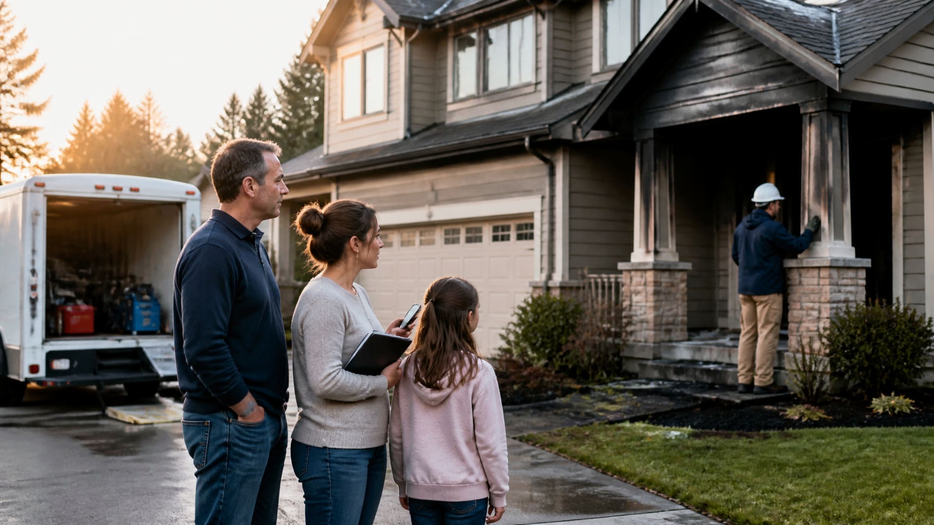 A family stands outside a smoke-damaged house while one person documents damage and another waits for a restoration worker.