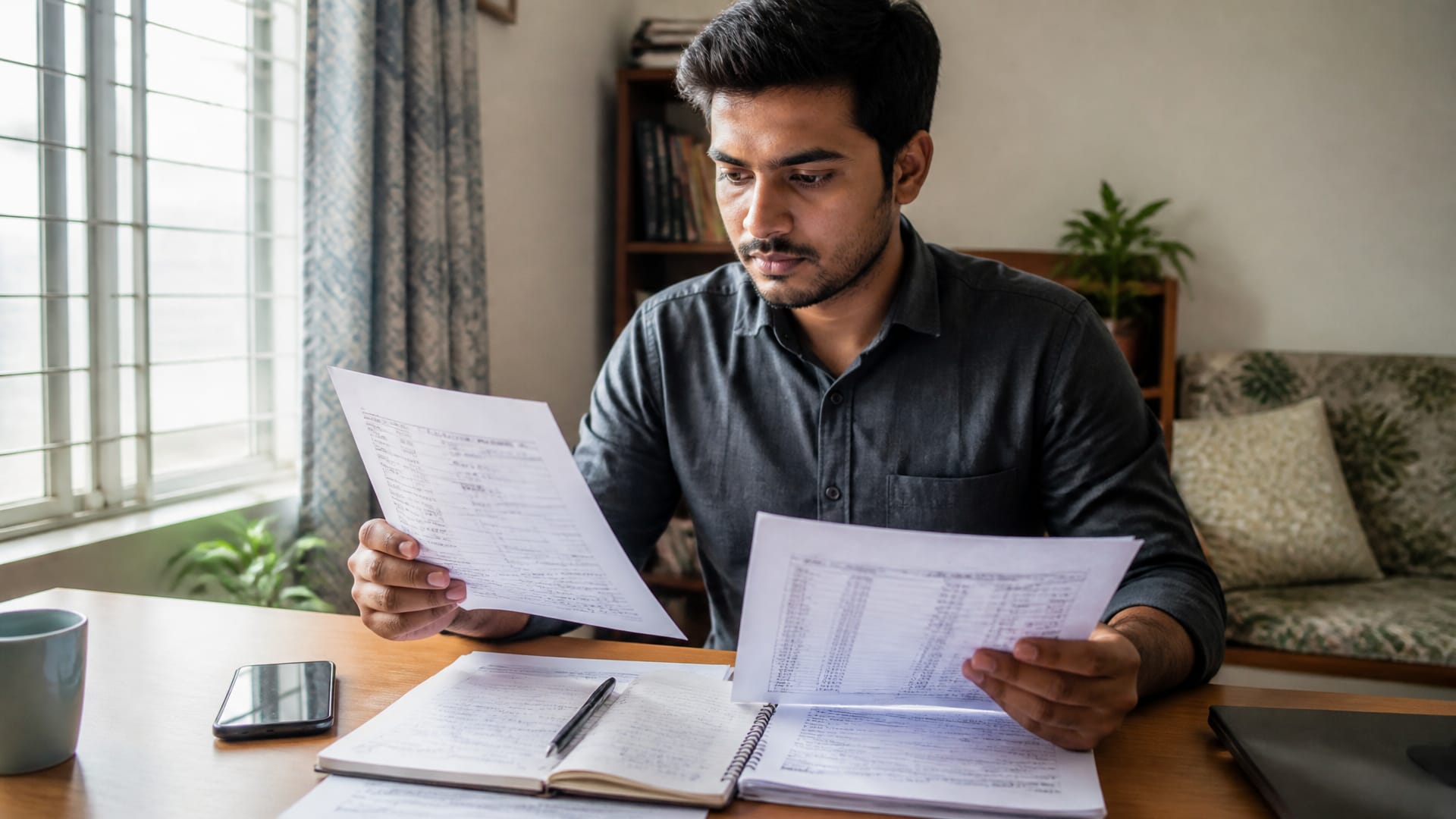 বাংলাদেশের একজন চাকরিজীবী টেবিলে joining letter, salary slip আর নোট দেখে নতুন চাকরির শর্ত যাচাই করছেন।