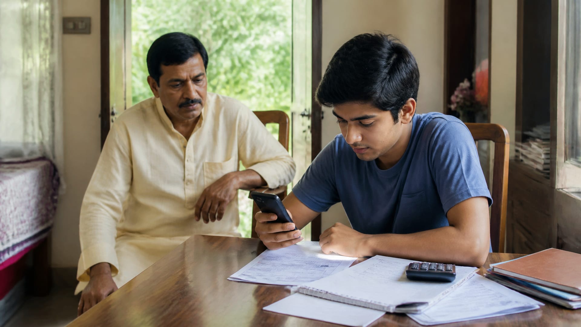 একজন শিক্ষার্থী মোবাইলে ভর্তি ফরম আর admit card download দেখছে, পাশে কাগজপত্র ও পরিবারের একজন সদস্য বসে আছে।