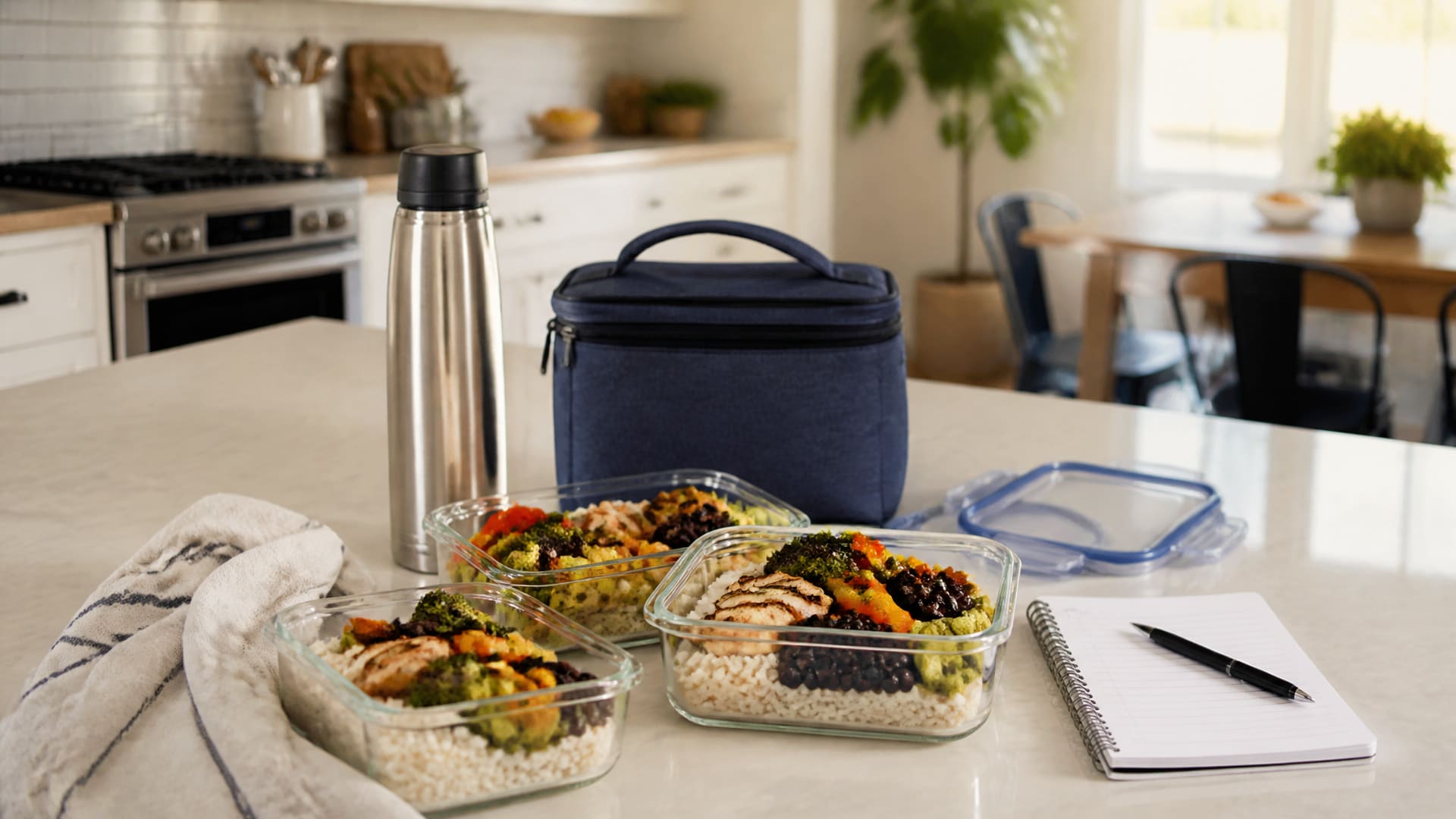 Meal prep containers with protein-packed lunches, an insulated bag, and a grocery list on a kitchen counter.