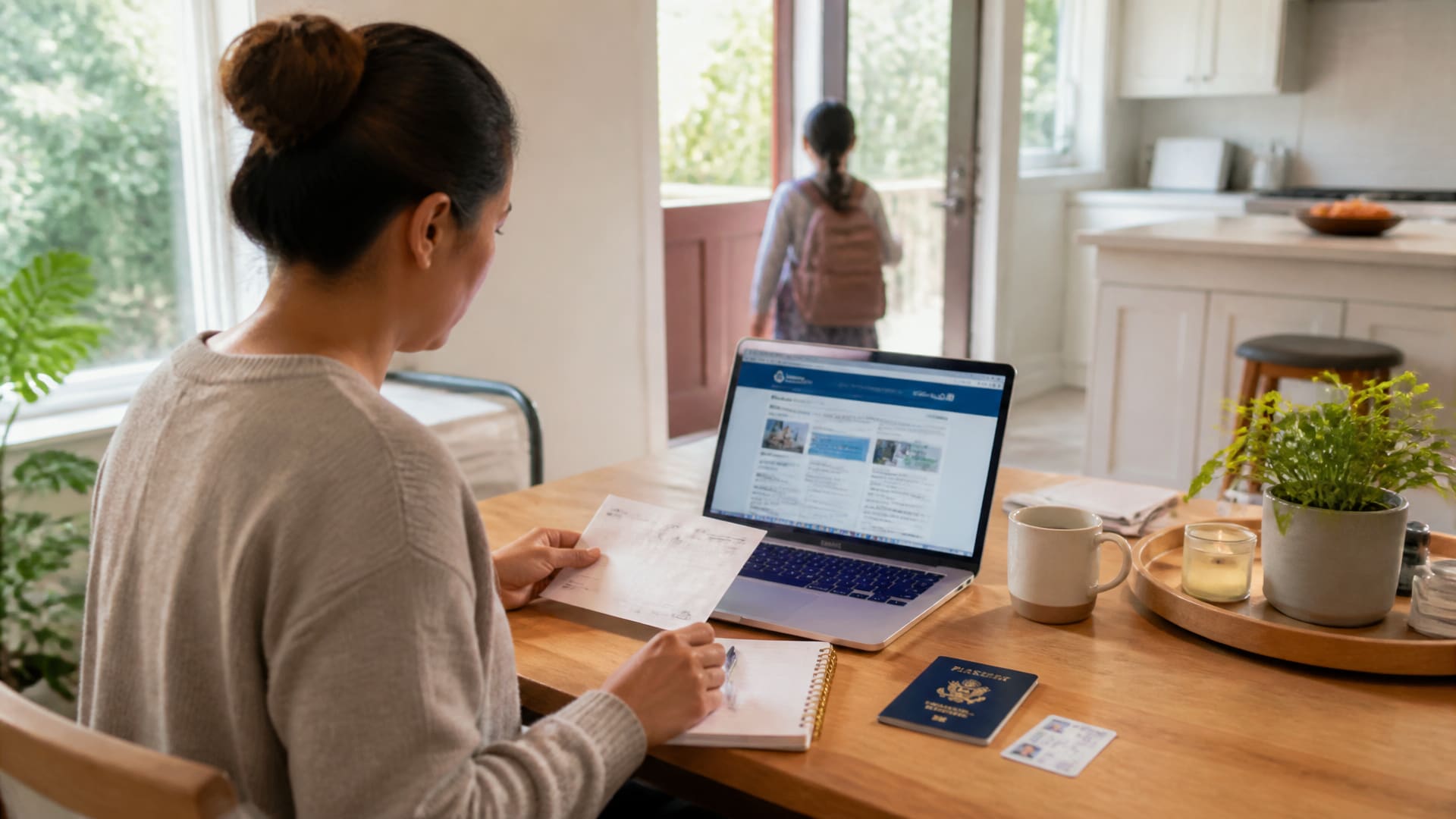 Person organizing identity documents at a kitchen table to replace a lost Social Security card.