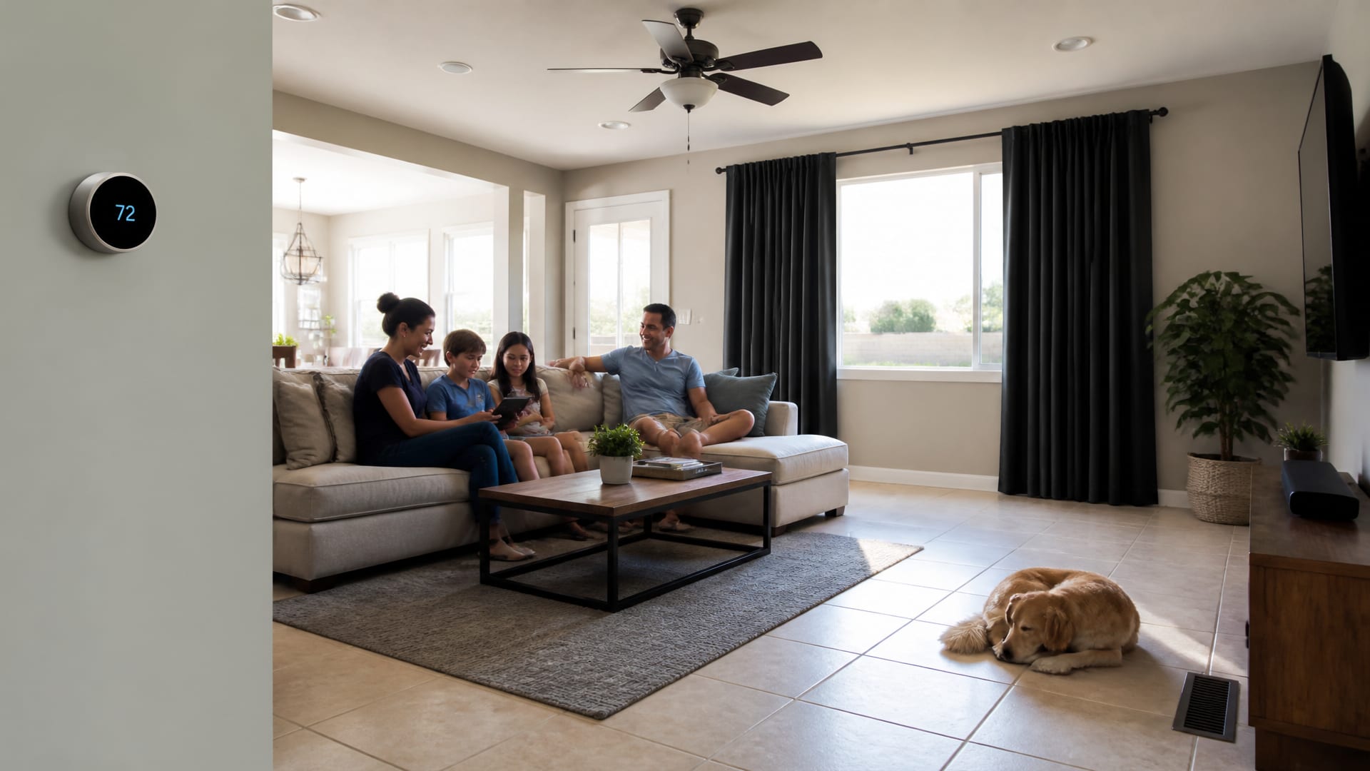 A cool living room with a smart thermostat, ceiling fan, blackout curtains, and a dog resting on tile during a hot summer afternoon.