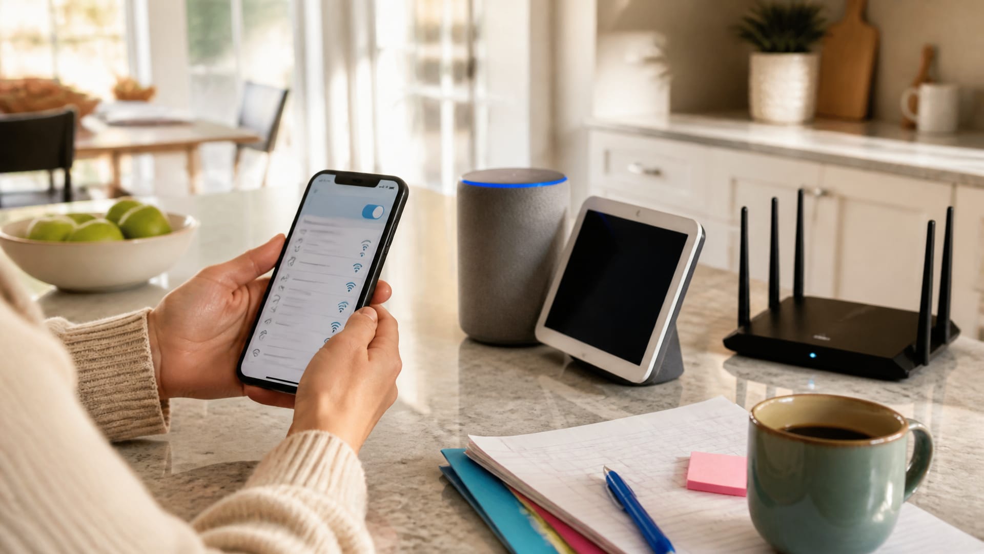 A smart speaker and smart display sit beside a phone showing Wi-Fi settings on a kitchen counter.