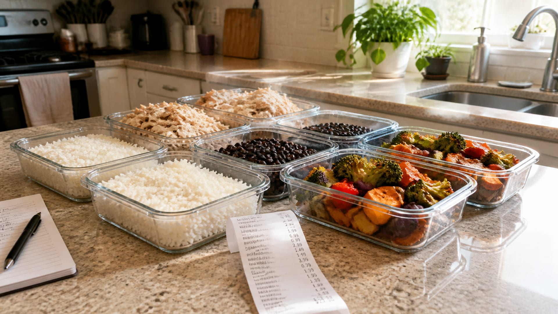 Meal prep containers filled with budget-friendly lunches on a kitchen counter beside rice, beans, chicken, and vegetables.